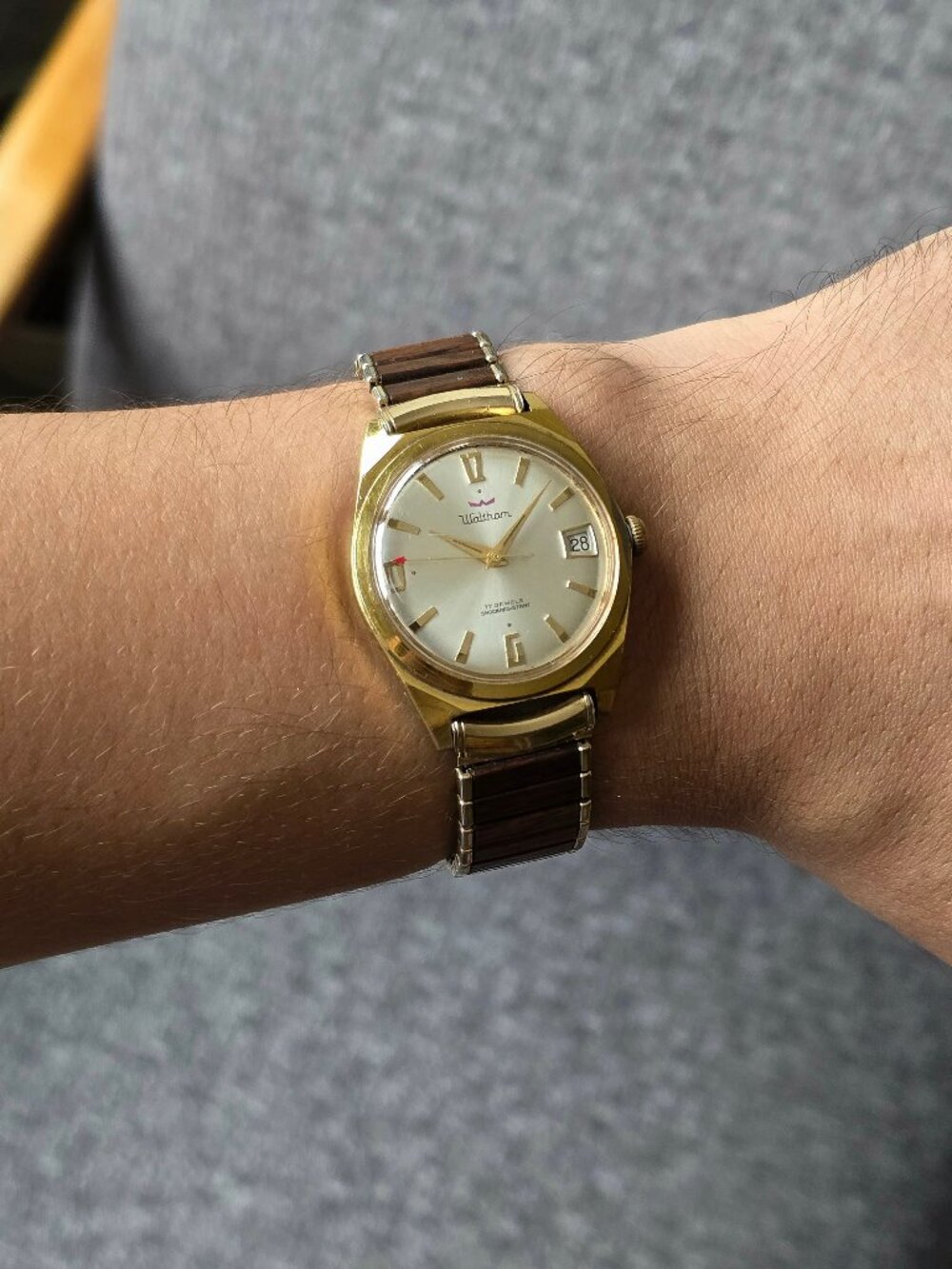 1960s Waltham, Silver Sunburst, Faux Wood Inlay, Swiss, Men's Watch, 34 mm